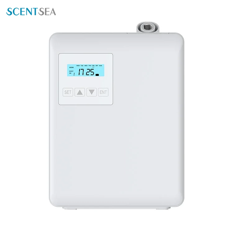 A technical diagram showing a ScentSync IoT protocol connecting a scent air machine to a smartphone and a building HVAC system.