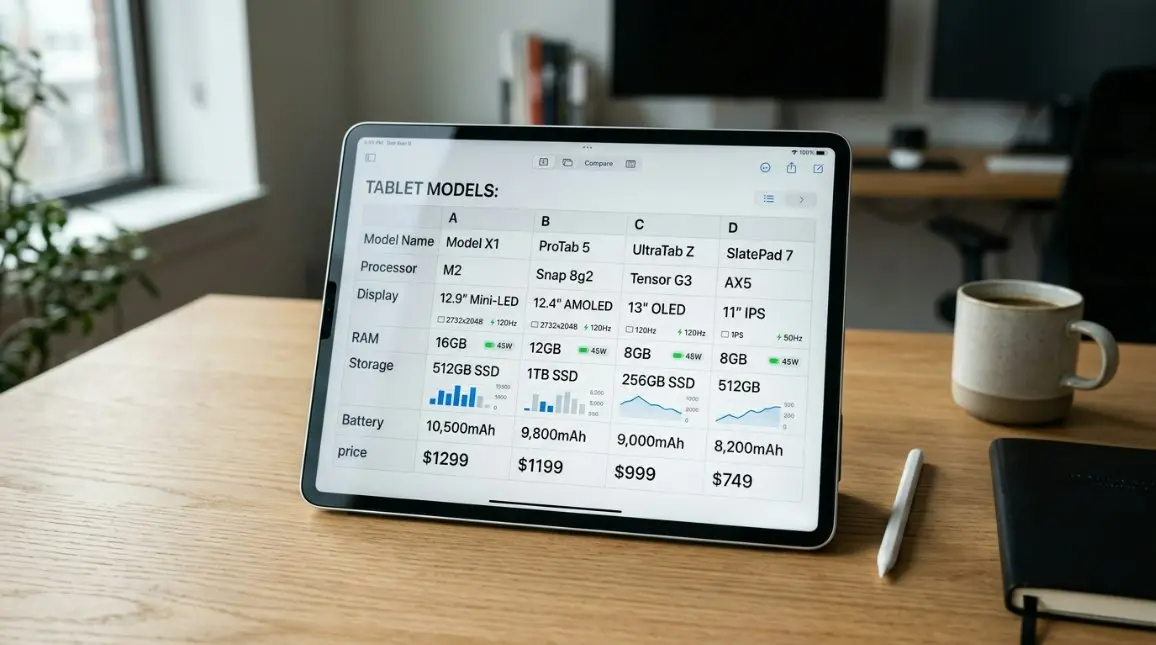 A technical specification comparison table shown on a sleek digital tablet, professional UI design.